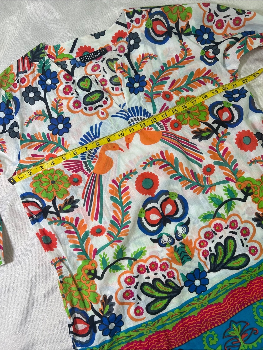 KikiSol V-neck White Multicolor Floral & Bird Print Tunic 100% Cotton Sz. L - Picture 3 of 12